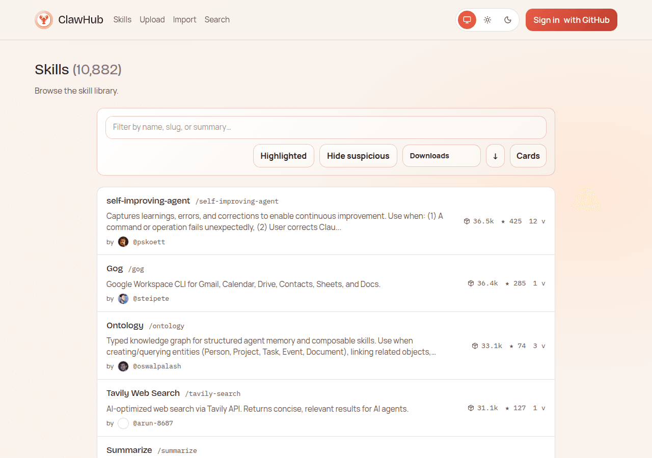 ClawHub skills library showing 10,882 skills with the "Hide suspicious" filter option