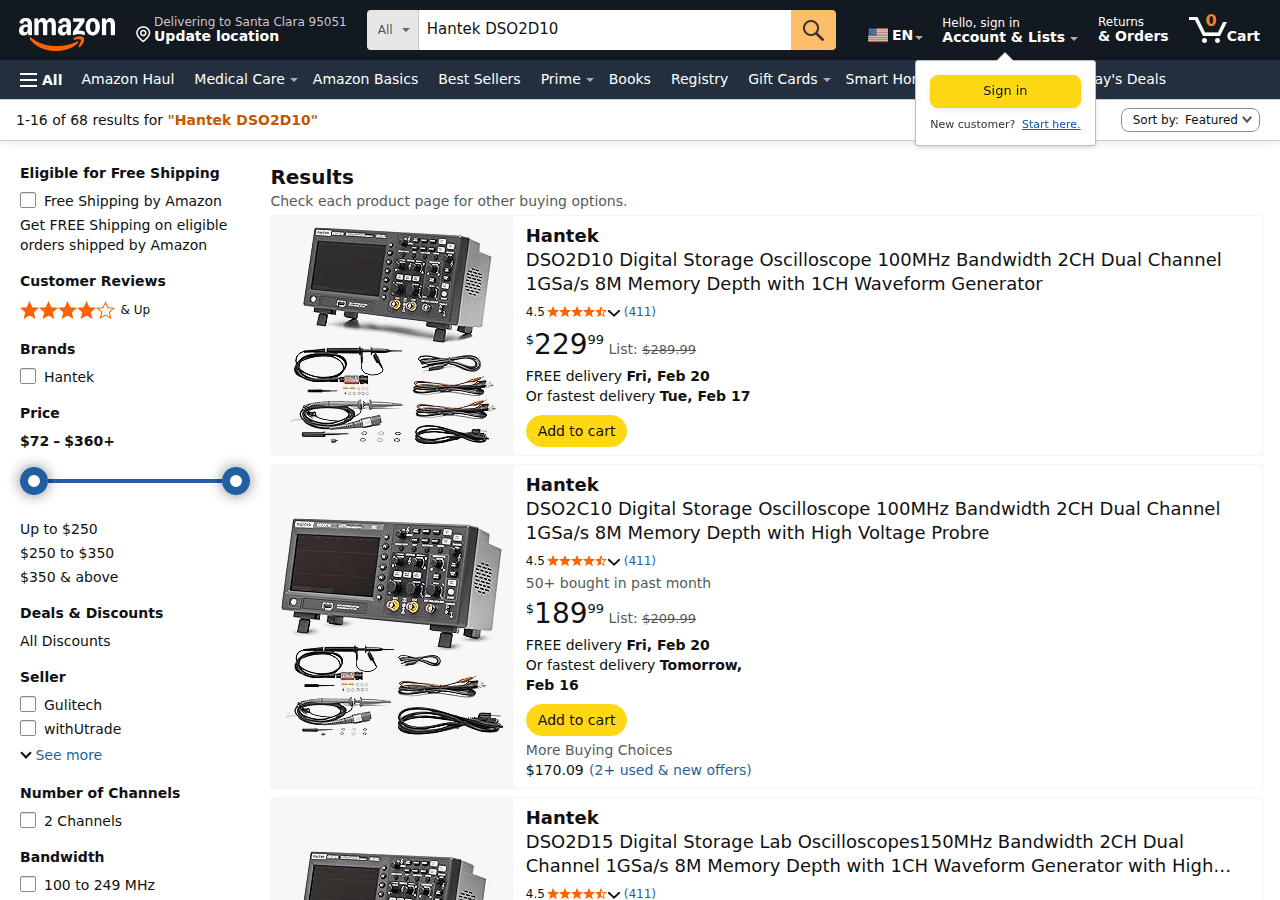 Hantek DSO2D10 100MHz dual-channel oscilloscope with built-in signal generator — best budget scope for under $200