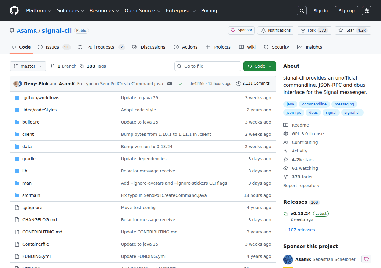 signal-cli GitHub repository README showing installation and usage instructions