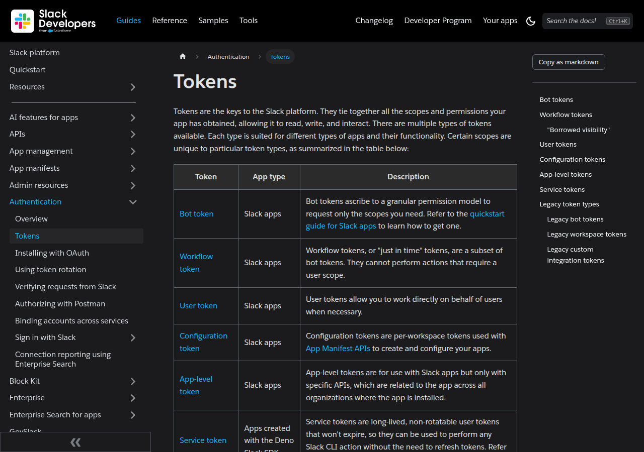 Slack API documentation page showing bot token, app-level token, and user token types