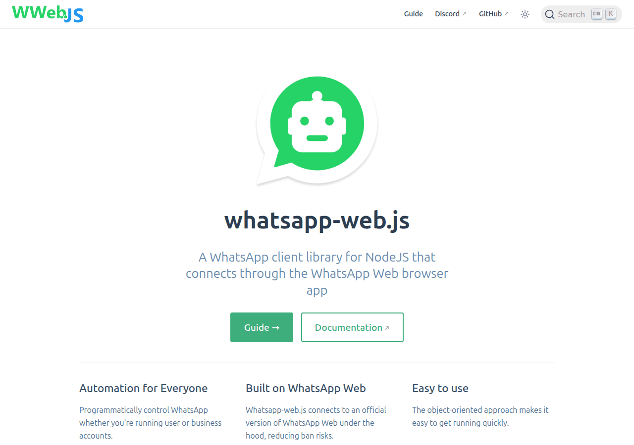 whatsapp-web.js official documentation showing client API and session configuration