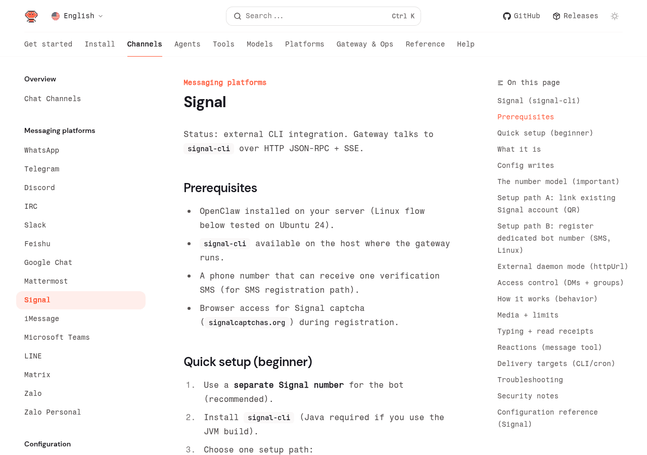 OpenClaw Signal channel documentation showing configuration reference