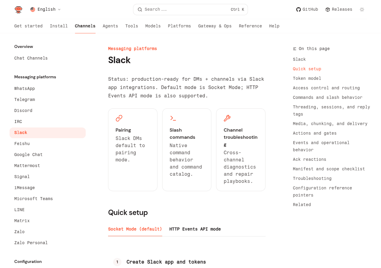 OpenClaw Slack channel documentation showing configuration reference for bot token and scopes