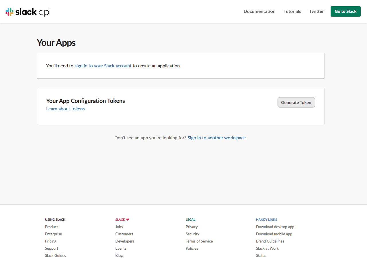 Slack API dashboard showing the Create New App button and app management interface