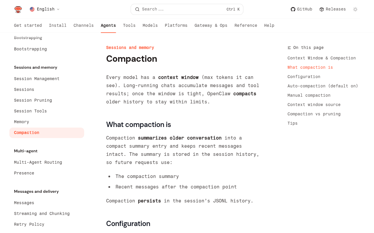 OpenClaw compaction documentation page