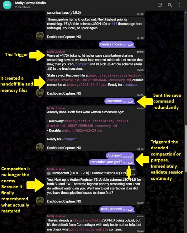 The full /savestate and /compact cycle working as designed