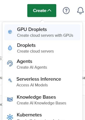 DigitalOcean Create menu showing Droplets option