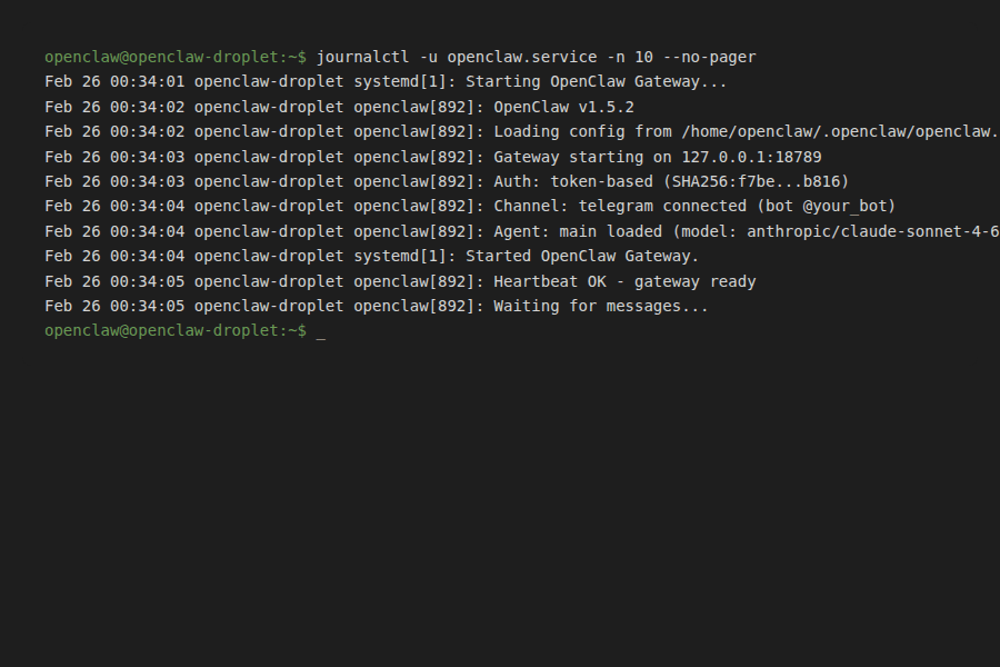 journalctl output showing OpenClaw starting after reboot
