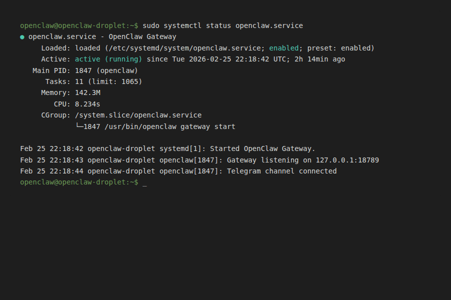 systemctl status showing OpenClaw gateway active and running