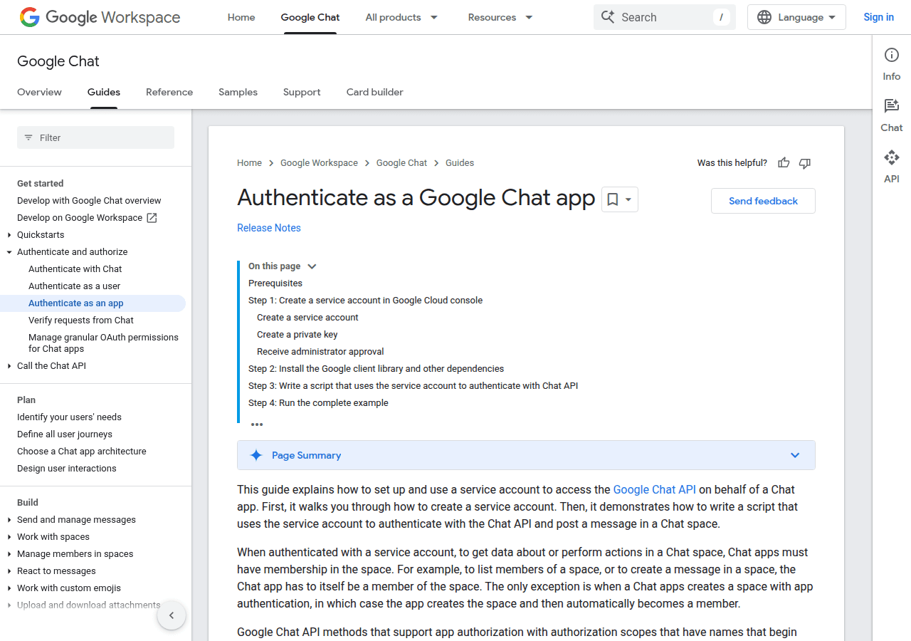 Google developers documentation page for Chat API service account authentication