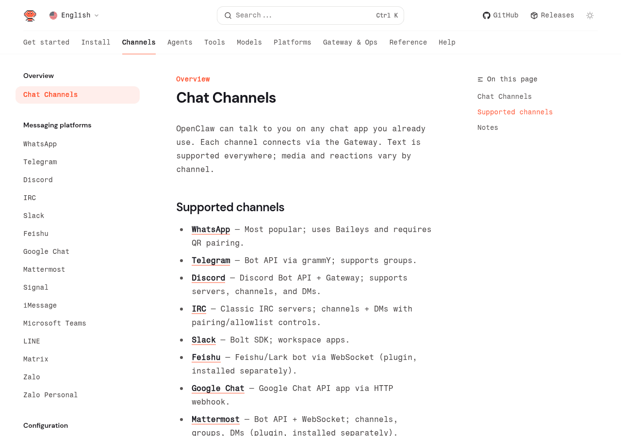 OpenClaw documentation page listing all supported messaging channels including WhatsApp, Telegram, Discord, IRC, Slack, Google Chat, and more