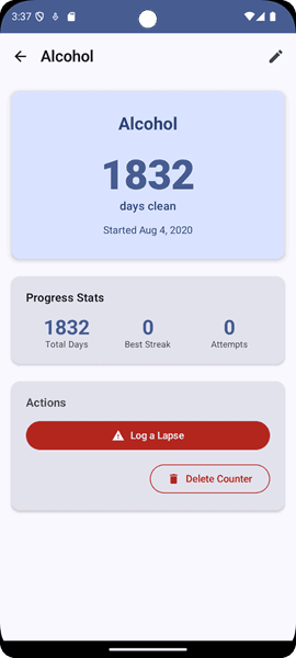 Nimbus Clean Time counter detail view with options and history